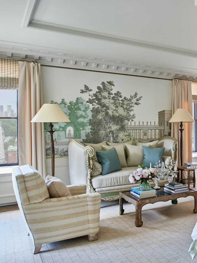 French Country Salon with Toile Mural and Carved Settee