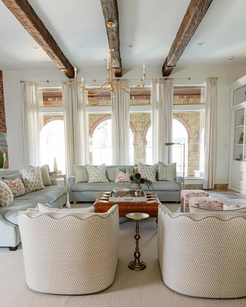 French Country Salon with Veranda and Rustic Beams