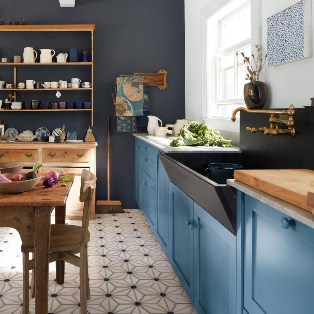 French Kitchen with Blue Cabinets and Rustic Wood