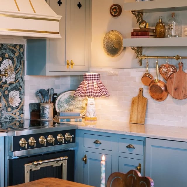 French Provincial Kitchen with Blue Cabinets and Copper