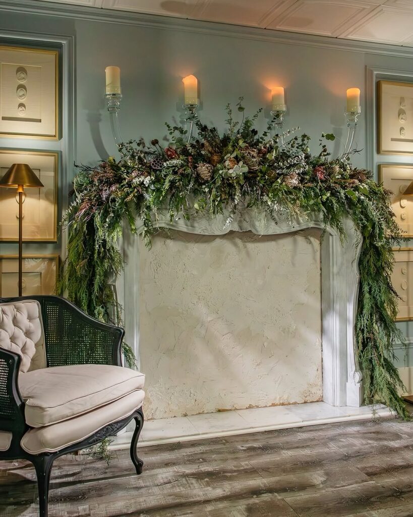 Frosted Evergreen and Candlelight Mantle