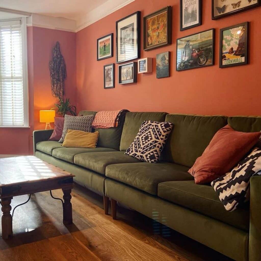 Gallery Wall in Terracotta with Rich Olive Sofa
