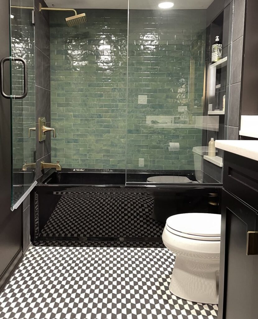Geometric Contrast Black Tile Shower Bathroom