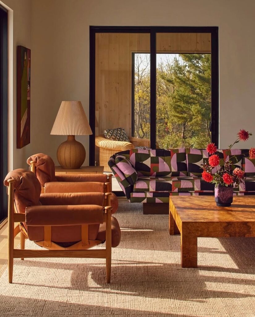 Geometric Retro Warm Wood Living Room