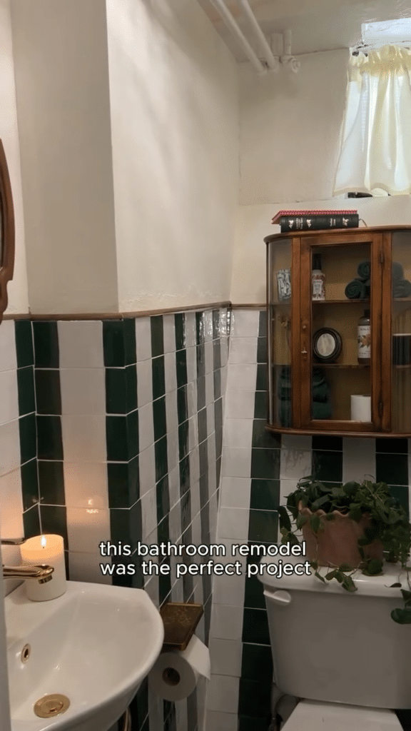 Glass front vintage wall cabinet over the toilet