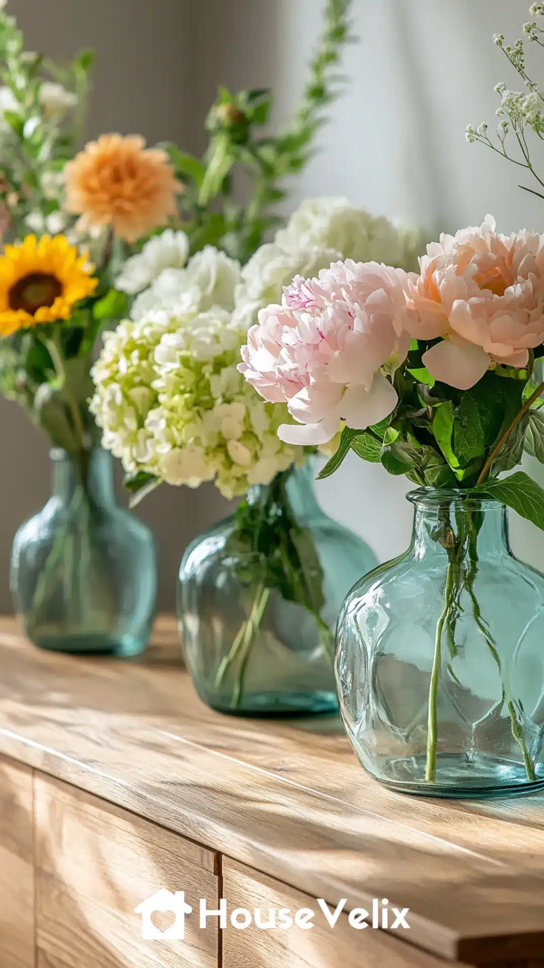 Decorative Glass Vases with Fresh Summer Flowers on Dresser