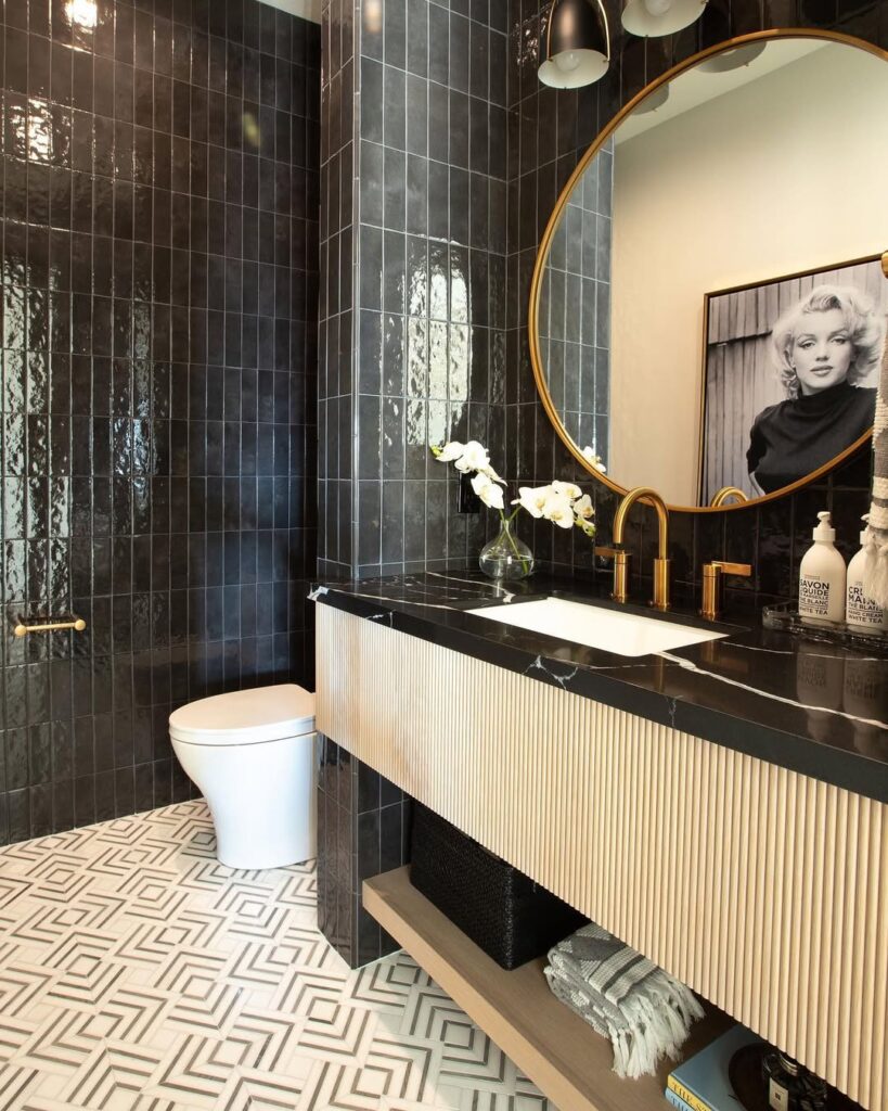 Glossy Luxury Black Tile Vanity Bathroom