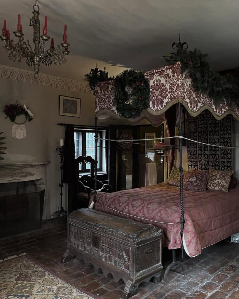 Gothic Canopy Bed with Evergreen Wreath Above the Headboard