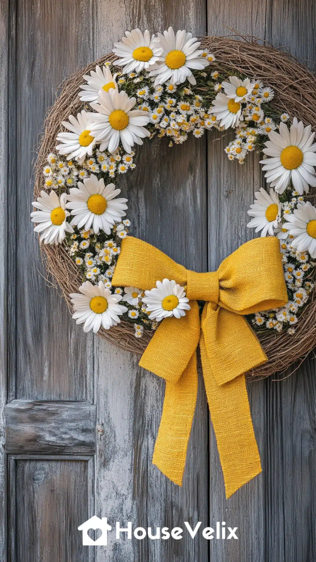 Daisy and Chamomile Wreath on Grapevine Base with Yellow Burlap Bow