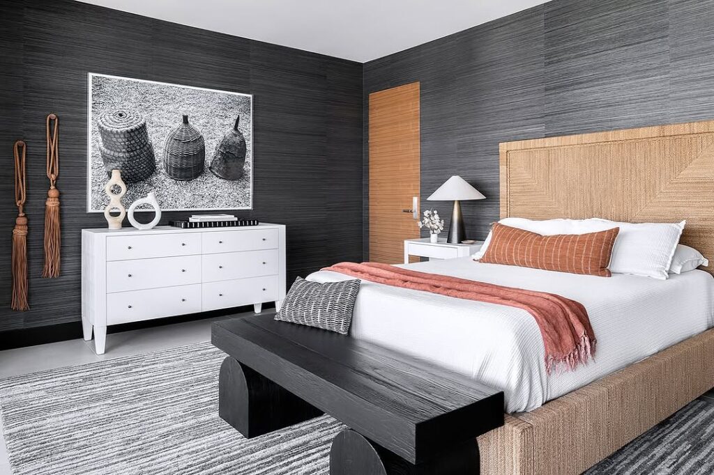 Grasscloth Wallpaper in a Moody Bedroom