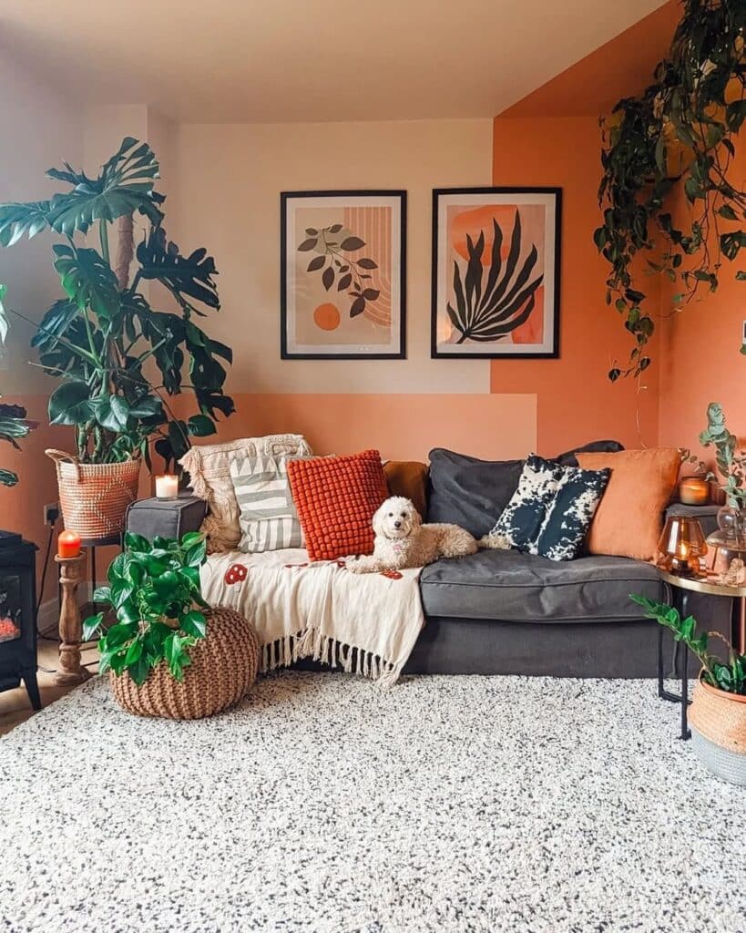 Green Boho Plants Against a Split Terracotta Wall