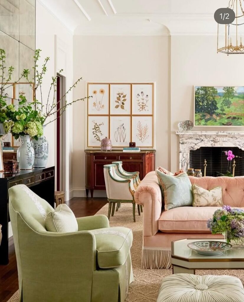 Green Seating with Blush Tones