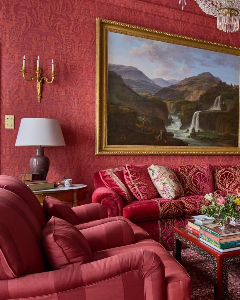 Heritage Red Damask Living Room