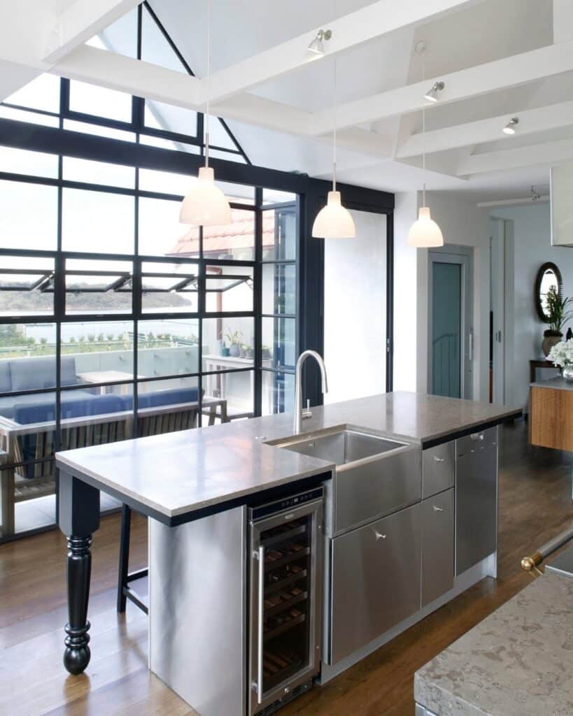 Island with Stainless Steel and Marble Countertop