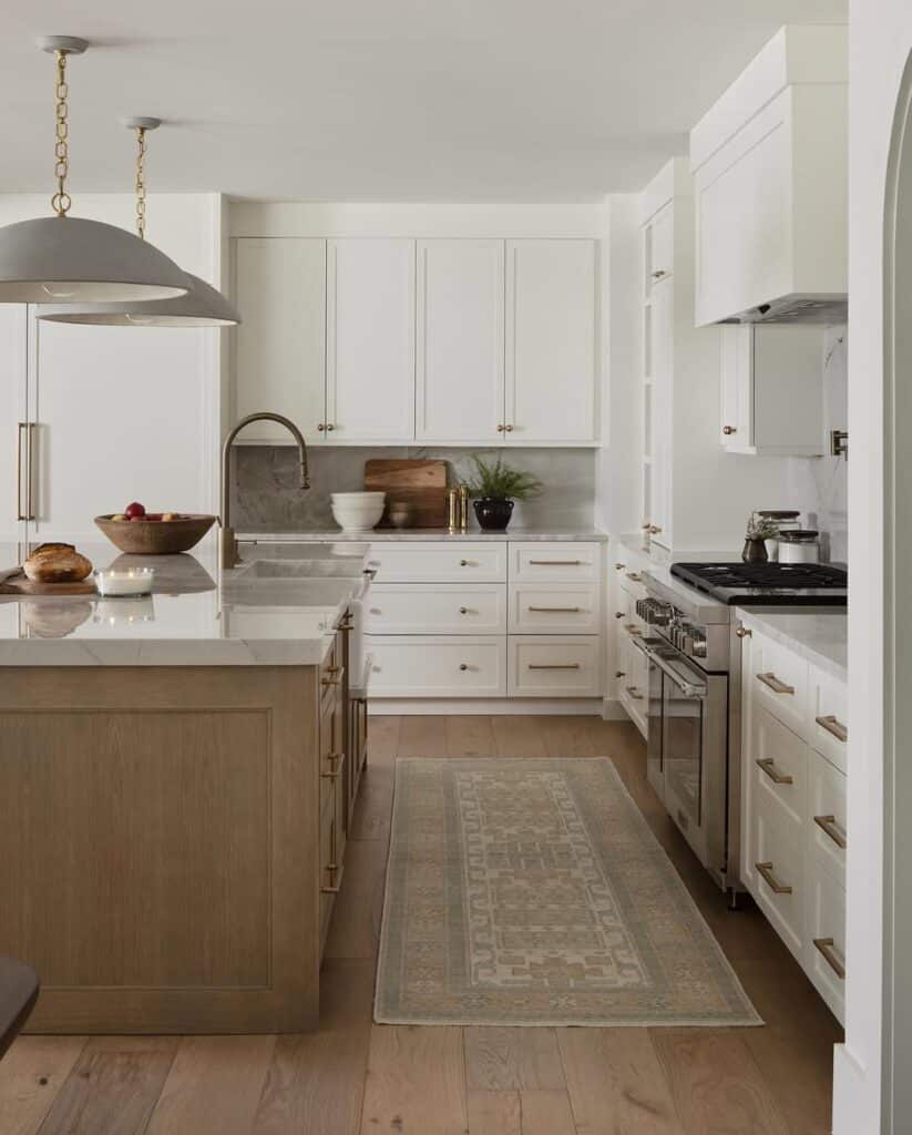 Kitchen Island in Warm Wood with Soft White Cabinets