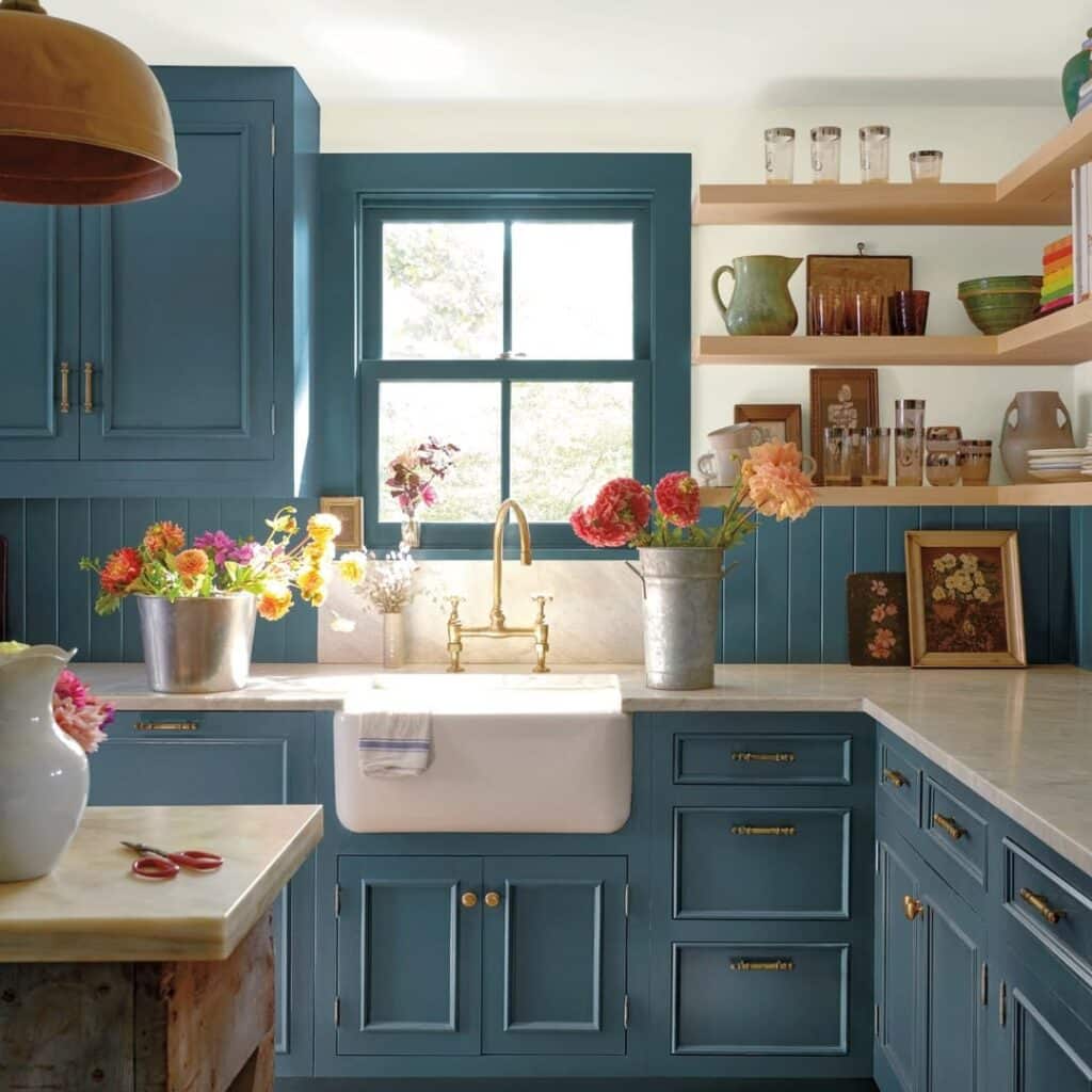 Kitchen with Farmhouse Sink and Blue Cabinetry