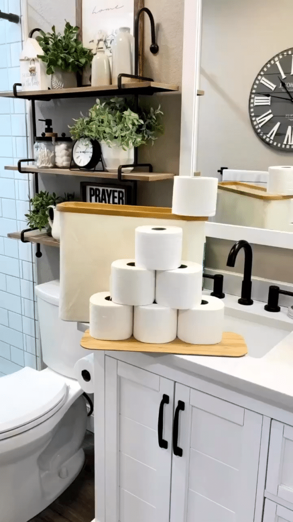Layered Wood Shelves by the Vanity