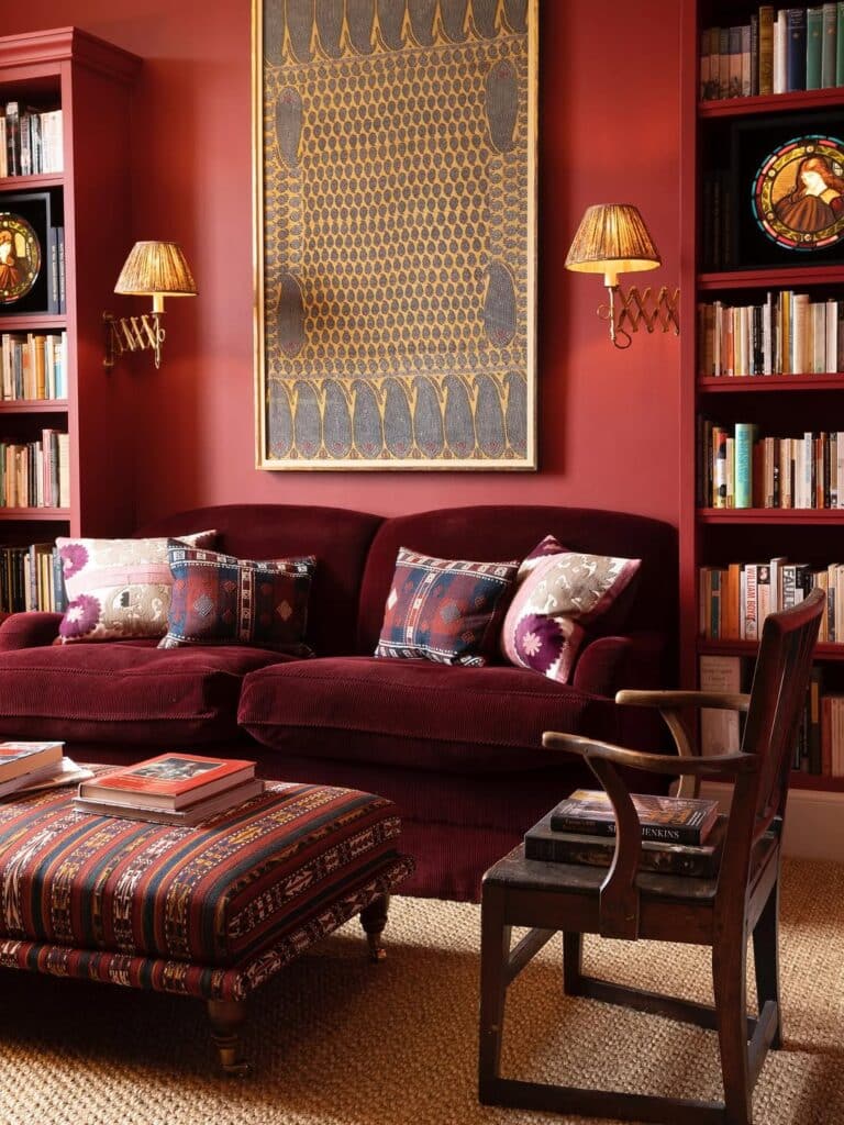 Library lounge, burgundy with brass