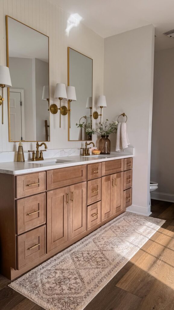 Light Wood Double Vanity with Brass Hardware
