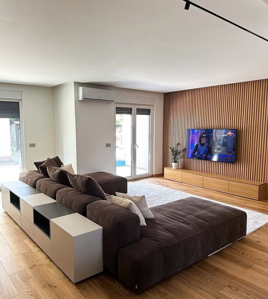Living Room Low Sectional and Slatted Media Wall
