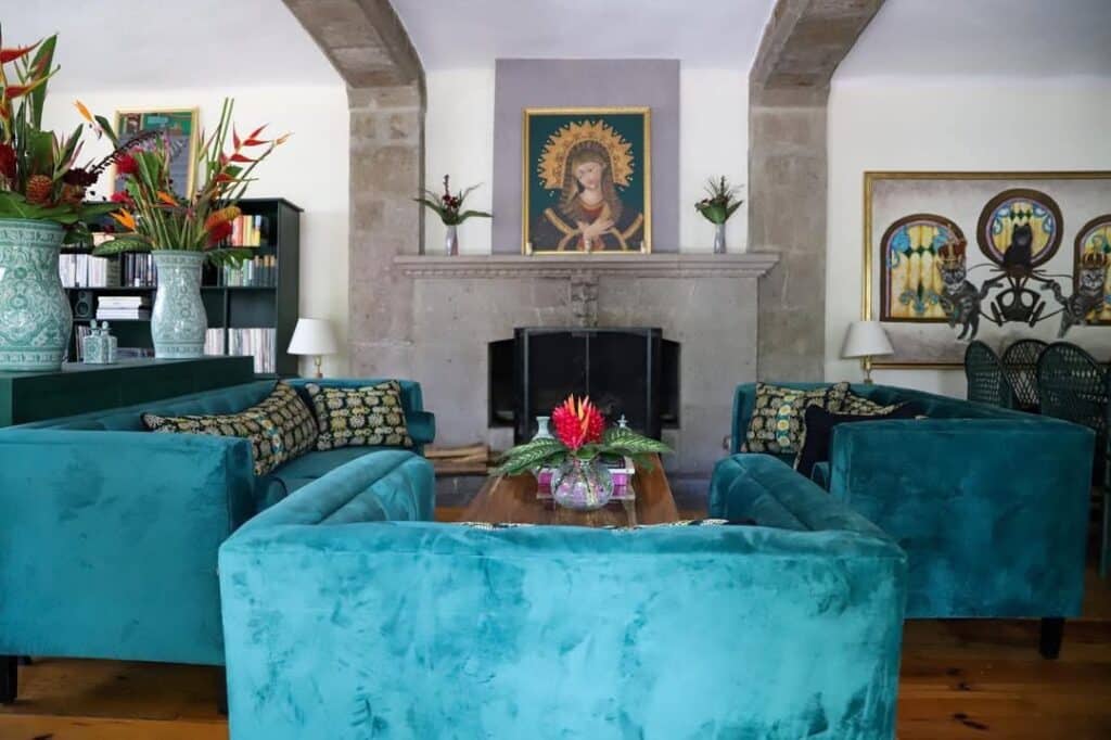 Living Room Seating and Stone Fireplace