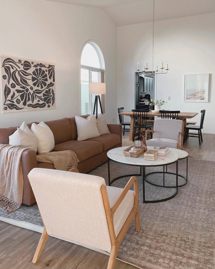 Living Room with Caramel Seating and Soft Greige