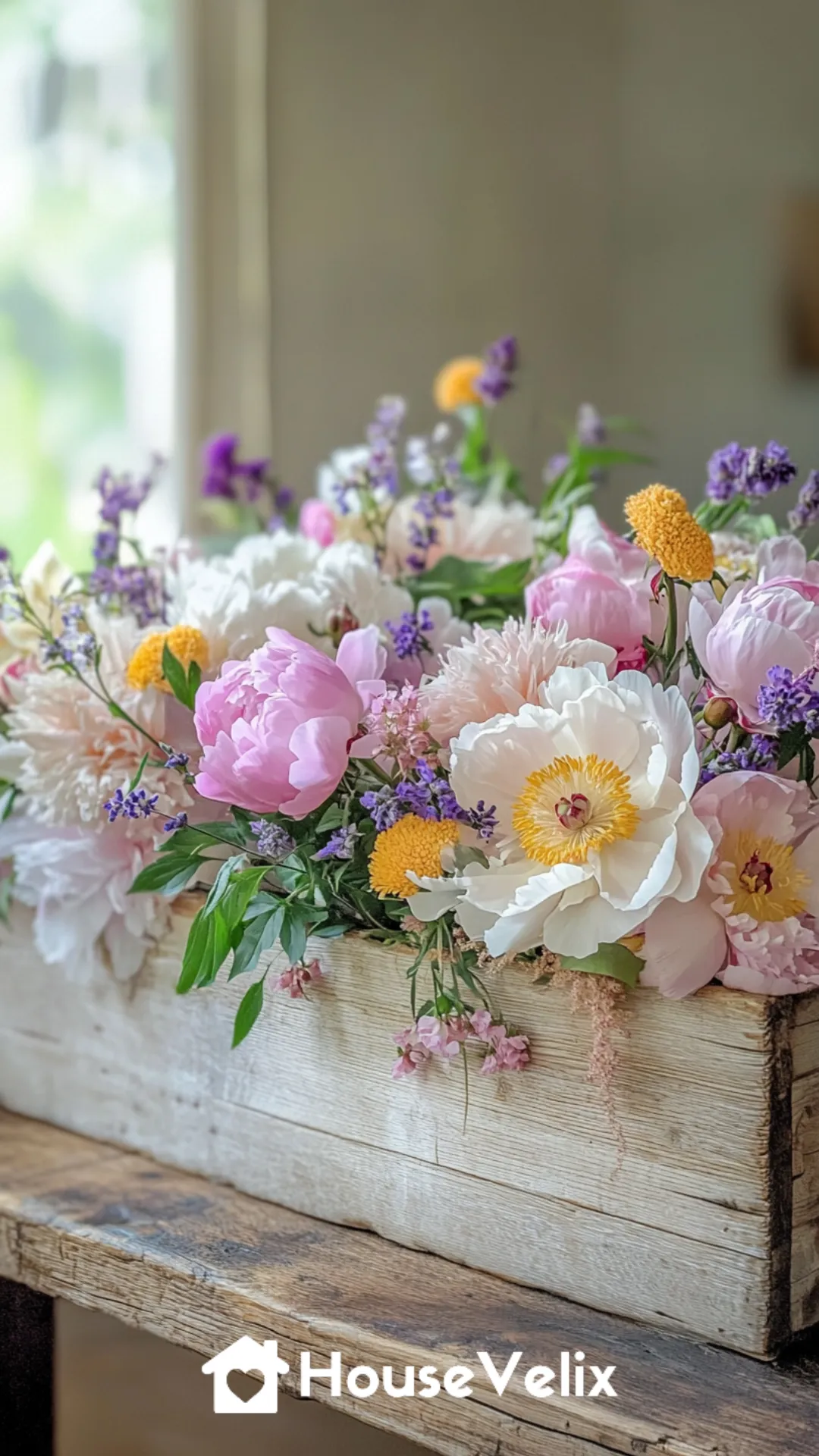 Low Wooden Trough Centerpiece Filled with Peonies and Wildflowers