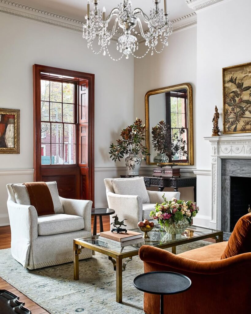 Marble Hearth French Country Salon with Crystal Chandelier
