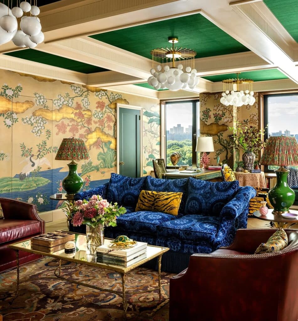 Maximalist lounge with an Art Deco sofa