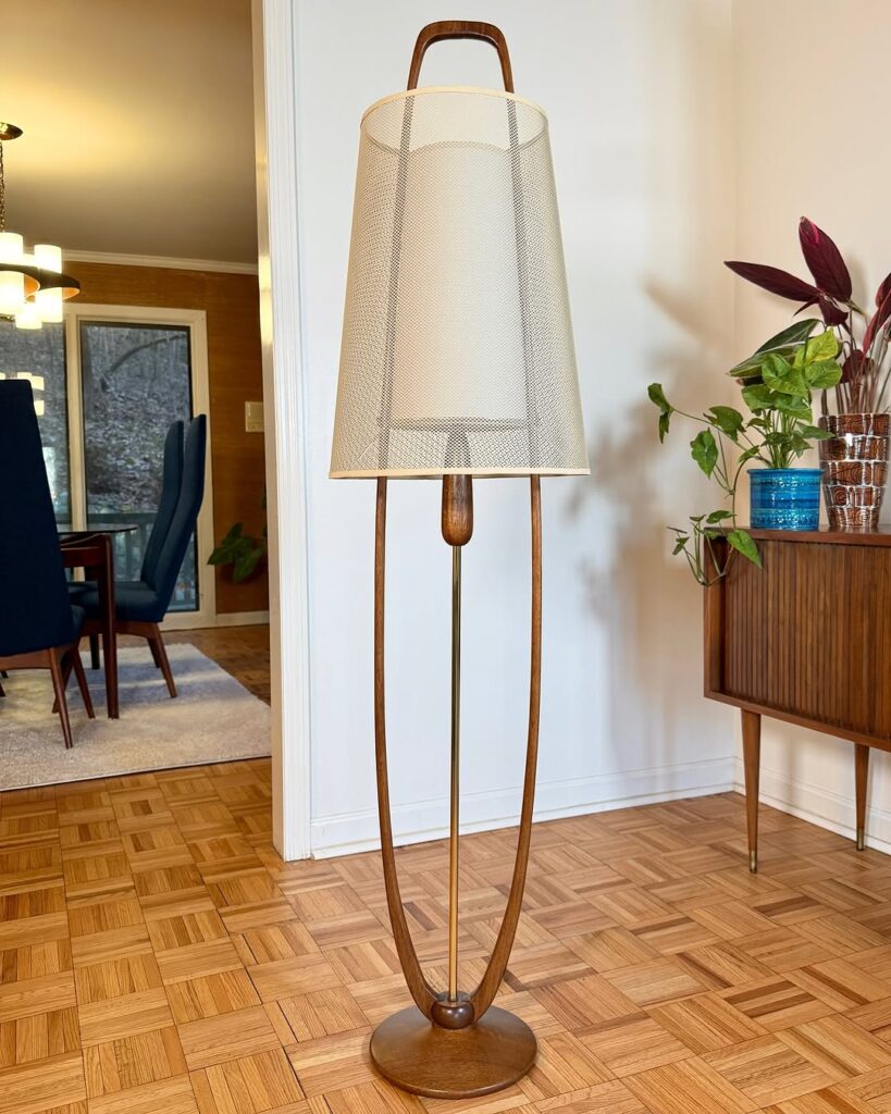 Mid-century Sculptural Lamp with Mesh Shade, Tapered Base, Clean Lines and Metallic Accents