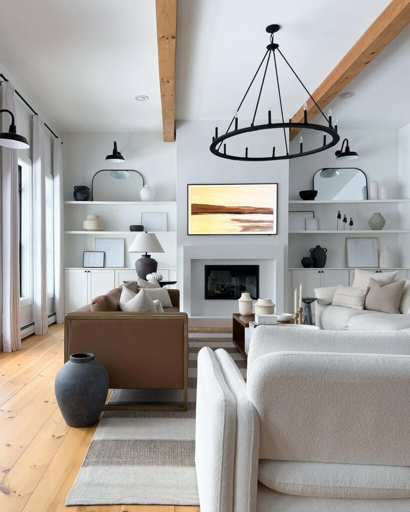 Minimal Farmhouse Living Room with Slim Shelving