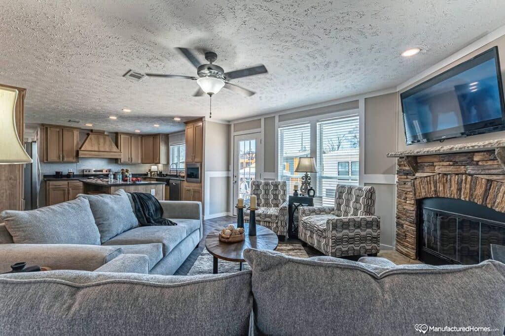 Mobile Living Area With Stone Fireplace