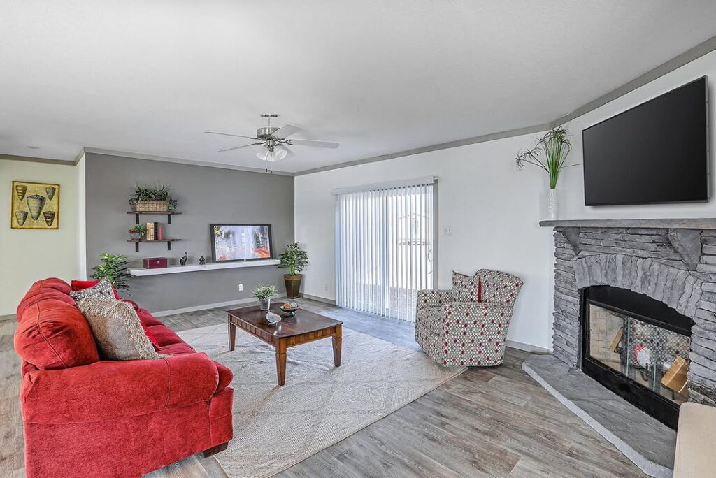 Mobile Living Room with Bold Red Accent