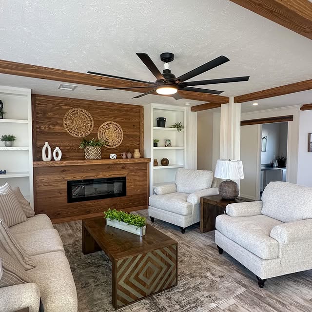 Mobile Lounge with a Modern Wood Fireplace