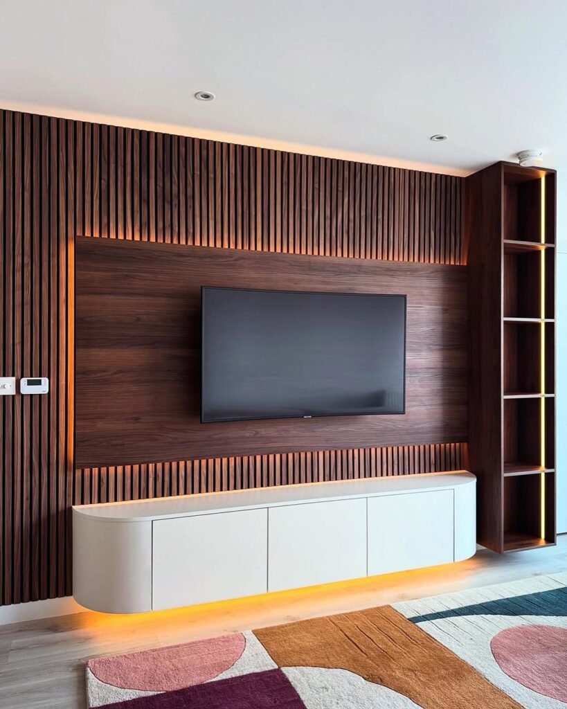Modern accent wall in wood with amber lighting