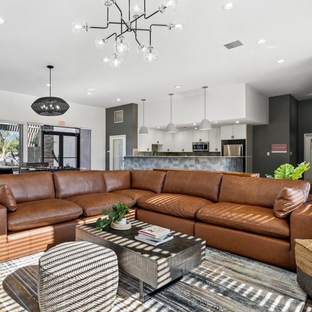 Modern Cognac Lounge in an Open-Plan Revival