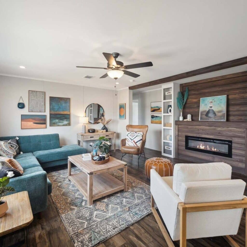 Modern Eclectic Mobile Lounge with Centered Fireplace
