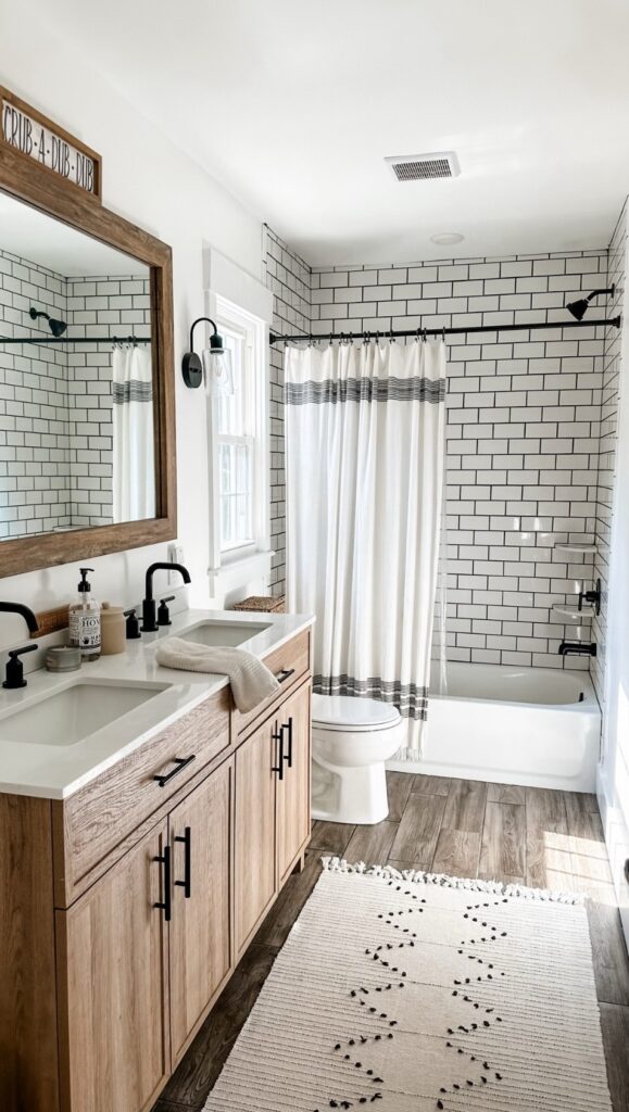Modern Farmhouse Bathroom with Oak Vanity and Subway Tile