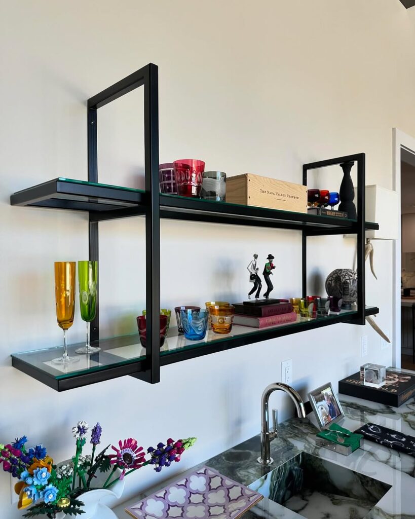 Modern Floating Shelves with Raw Wood and Metal Brackets