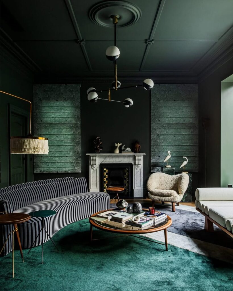 Modern Forest Green Lounge with Hearth