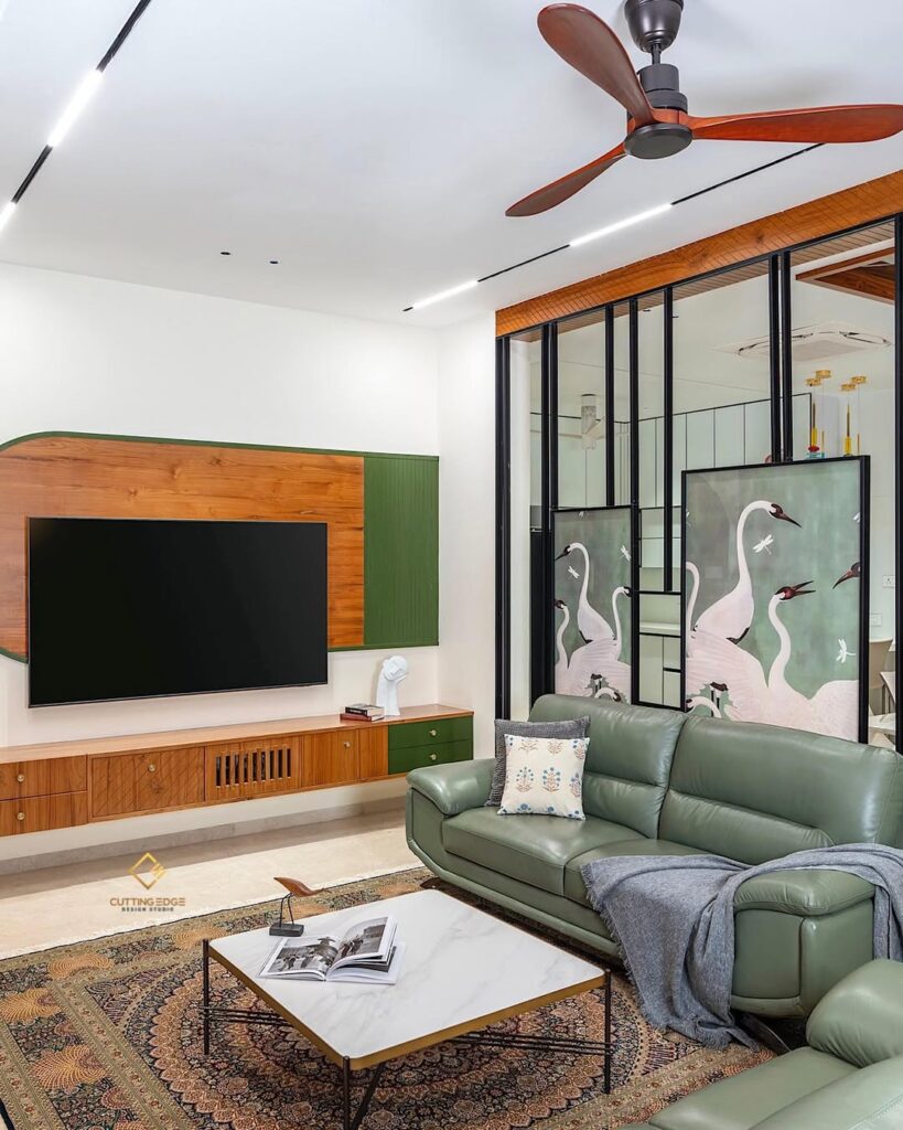 Modern Lounge with Sage Leather Seating and One Artwork