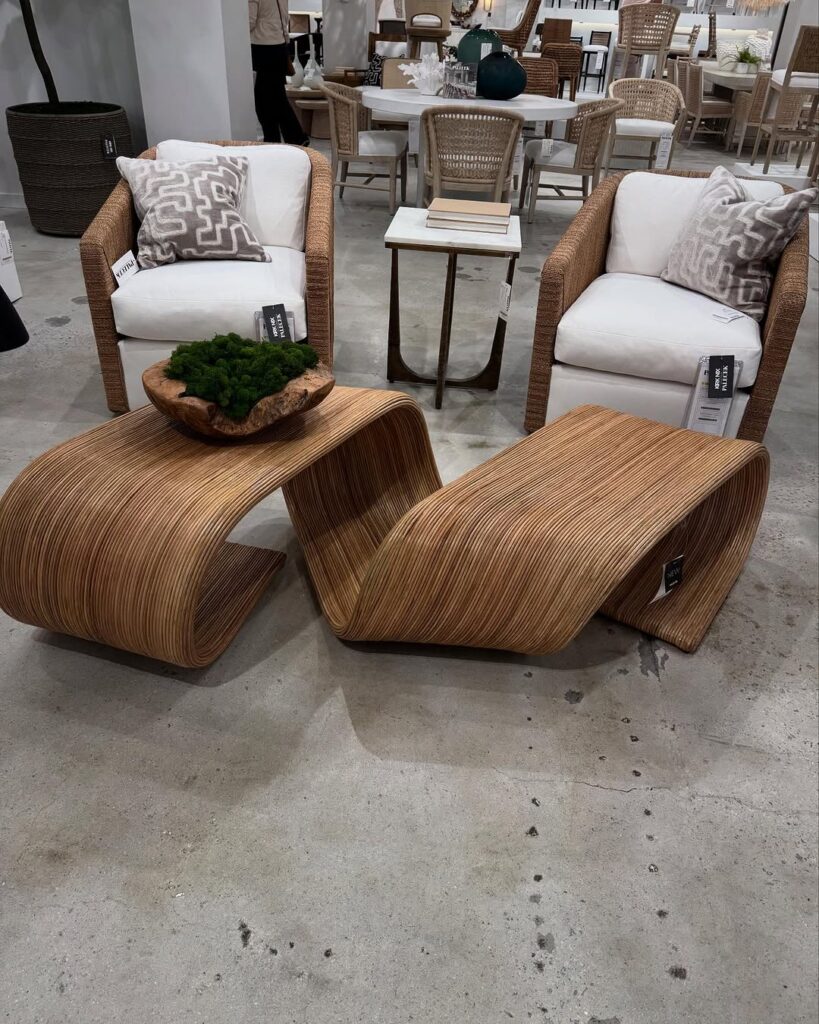 Modular Rattan Coffee Table Pair with Wave Forms
