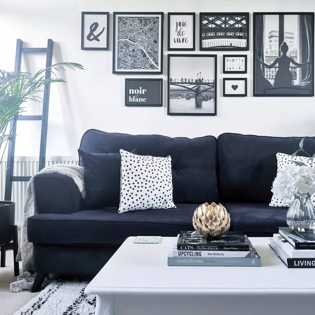 Monochrome Wall Above Black Sofa