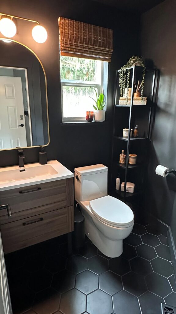 Moody Compact Bathroom With Black Hexagonal Flooring