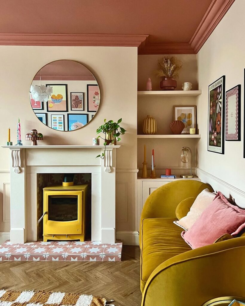 Mustard Hearth in a Warm Pastel Living Room