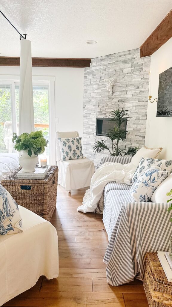 Muted Neutral Living Room with Stripes and Stone