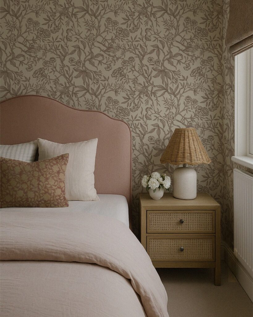 Muted Taupe Toile with Floral Silhouettes