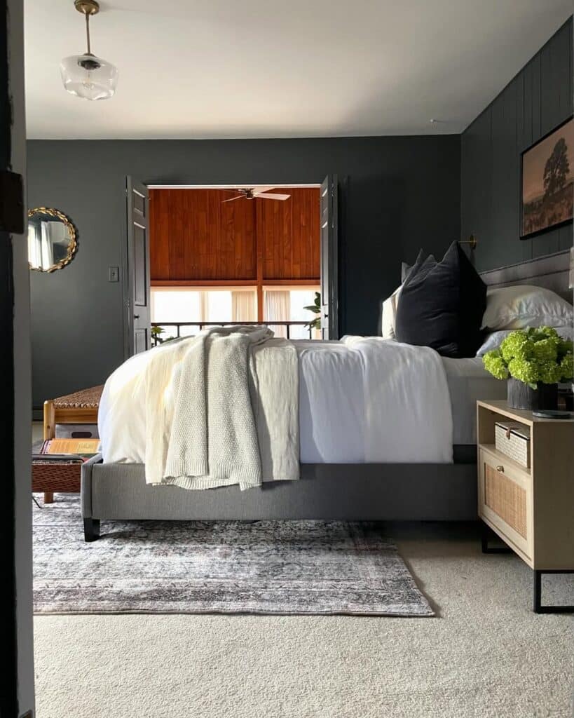 Natural Style Bedroom with Charcoal Walls and Warm Wood