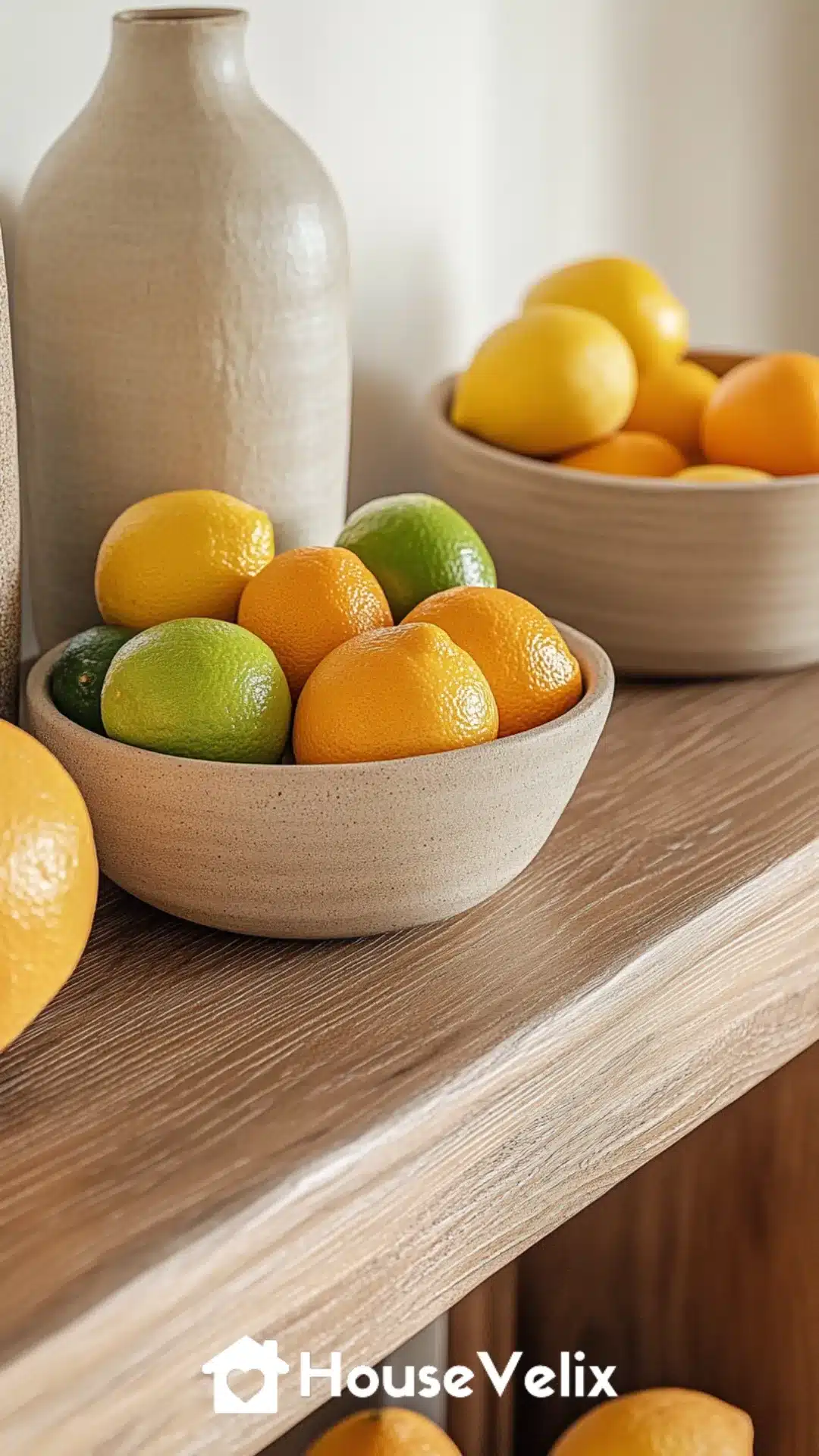 Natural Wooden Console Table Styled with Citrus Fruit Bowls