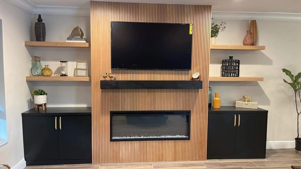 Natural Wood Slatted TV Backdrop